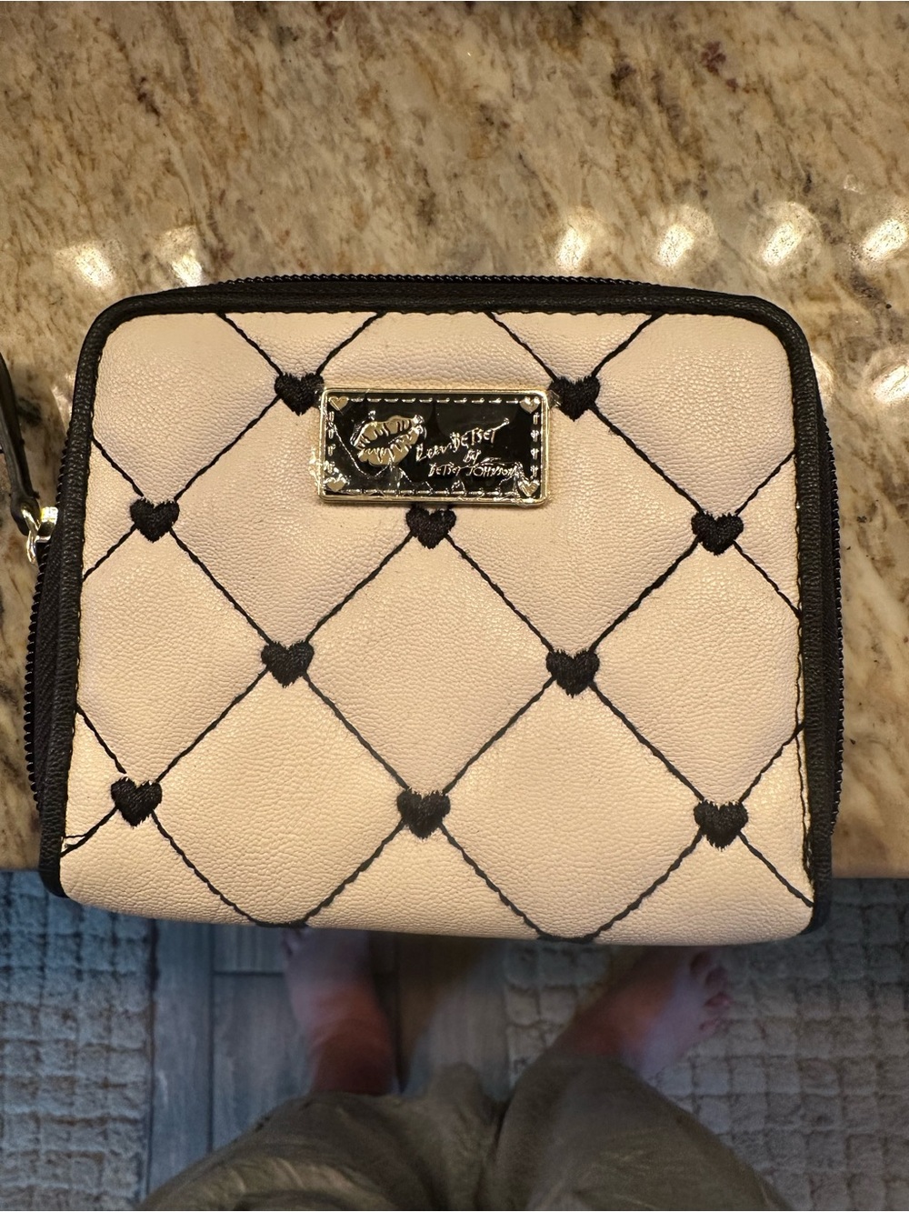 Betsey Johnson Blush Quilted Heart Zip-Around Wallet with Black Trim